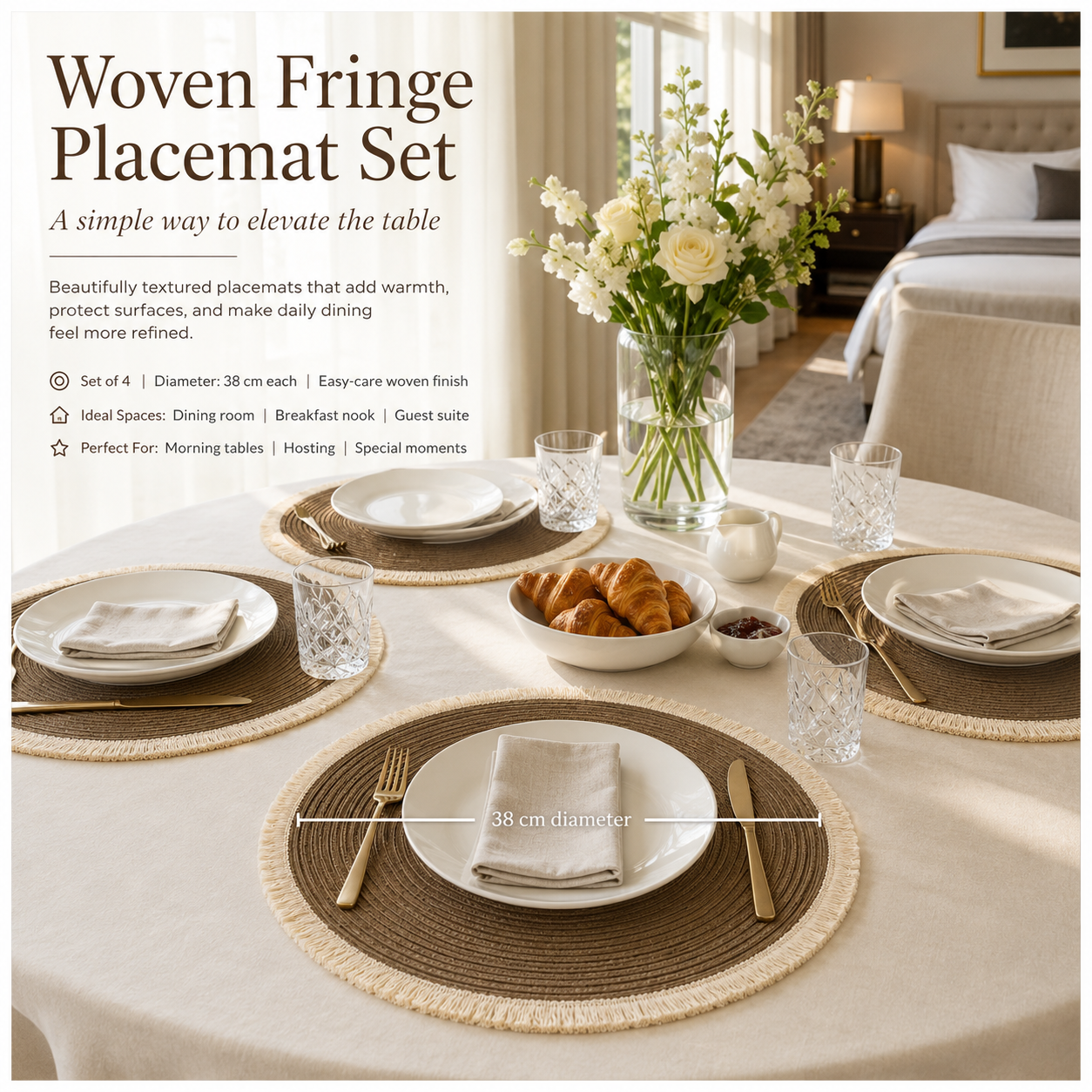 Essential 4-Piece Round Woven Fringe Placemat Set – 38 cm