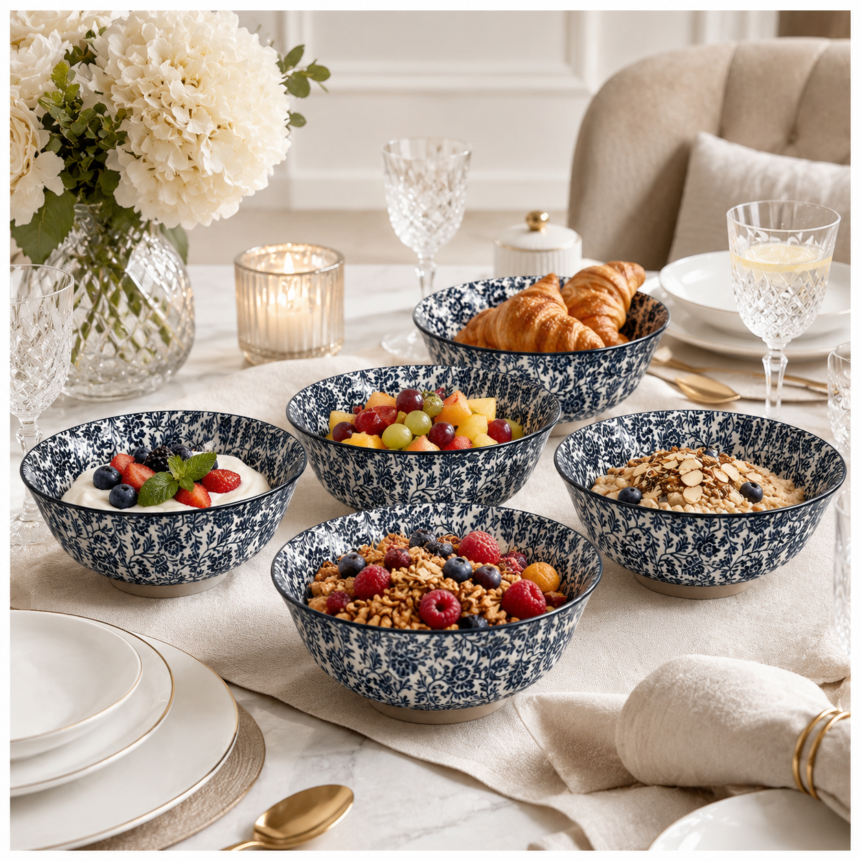 Elegant 5-Piece Blue Floral Fine Porcelain Bowl Set – Fine Dining - 16 cm