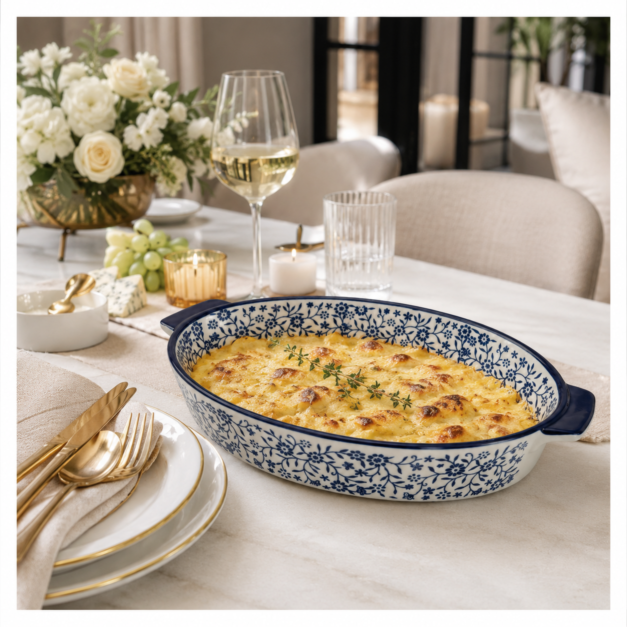 33cm Blue Floral Porcelain Oval Baking Dish with Handles