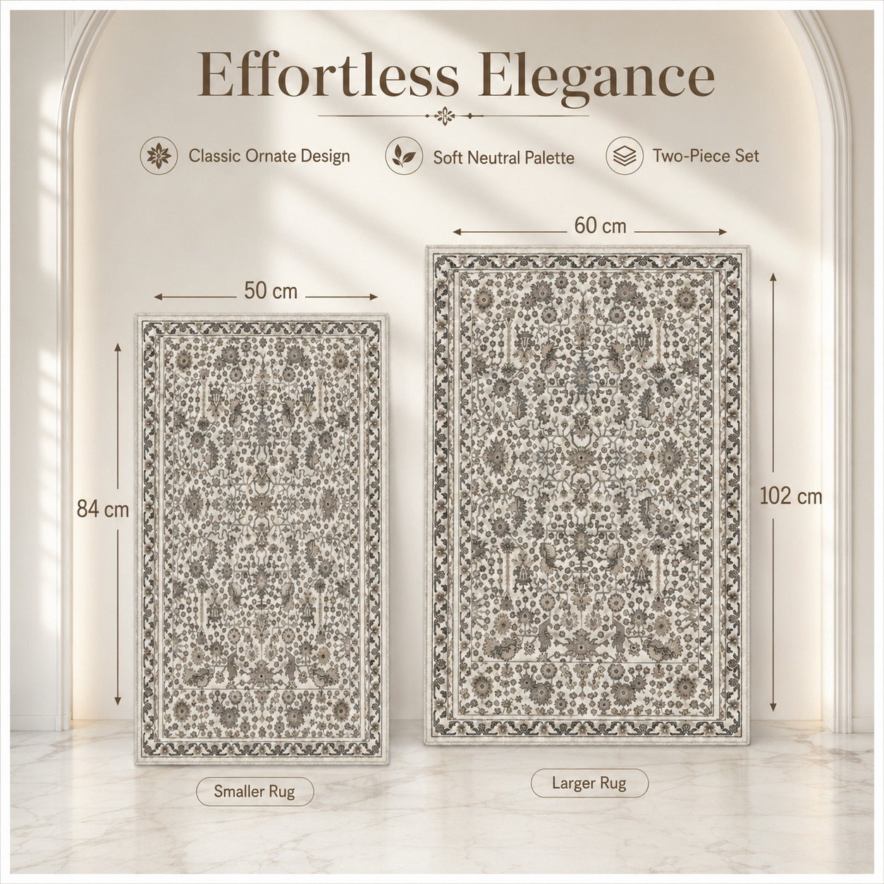 2-Piece Accent Persian Carpet Set–Charcoal Grey and Ivory-50x84cm-60x102 cm
