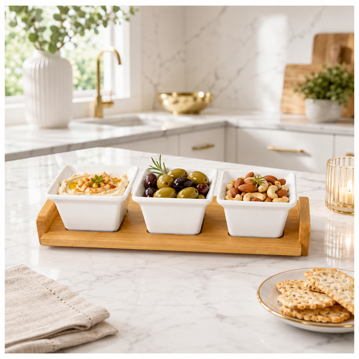 4 Piece Beauitiful Ceramic Snack Bowl Set with Wooden Serving Board- 34 cm