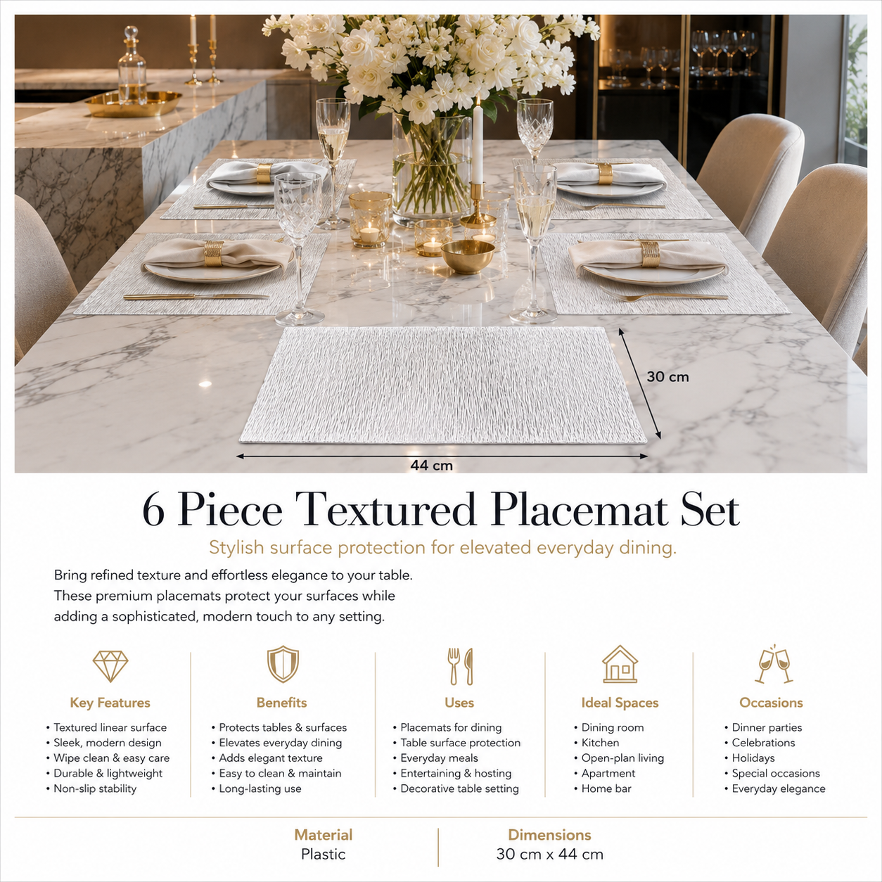Elegant 6 Piece Textured Placemats – Clear And White 30 x 44 cm Table Mats