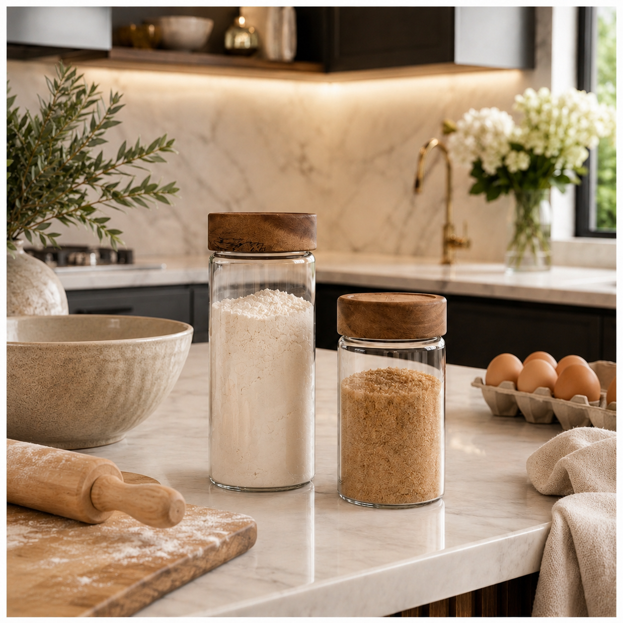 2-Piece Glass Storage Jar Set with Solid Acacia Wood Lids – 580ml and 500ml