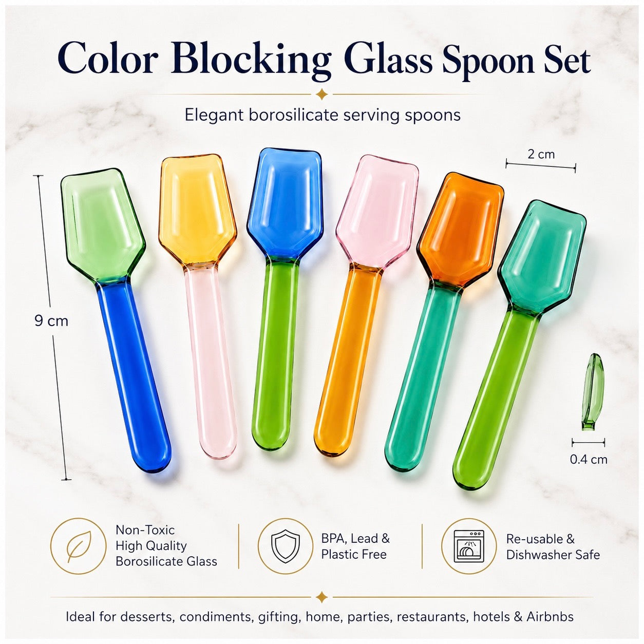 High Quality BPA Free-Color Blocking Borosilicate Glass Spoon-Set of 6- 9cm