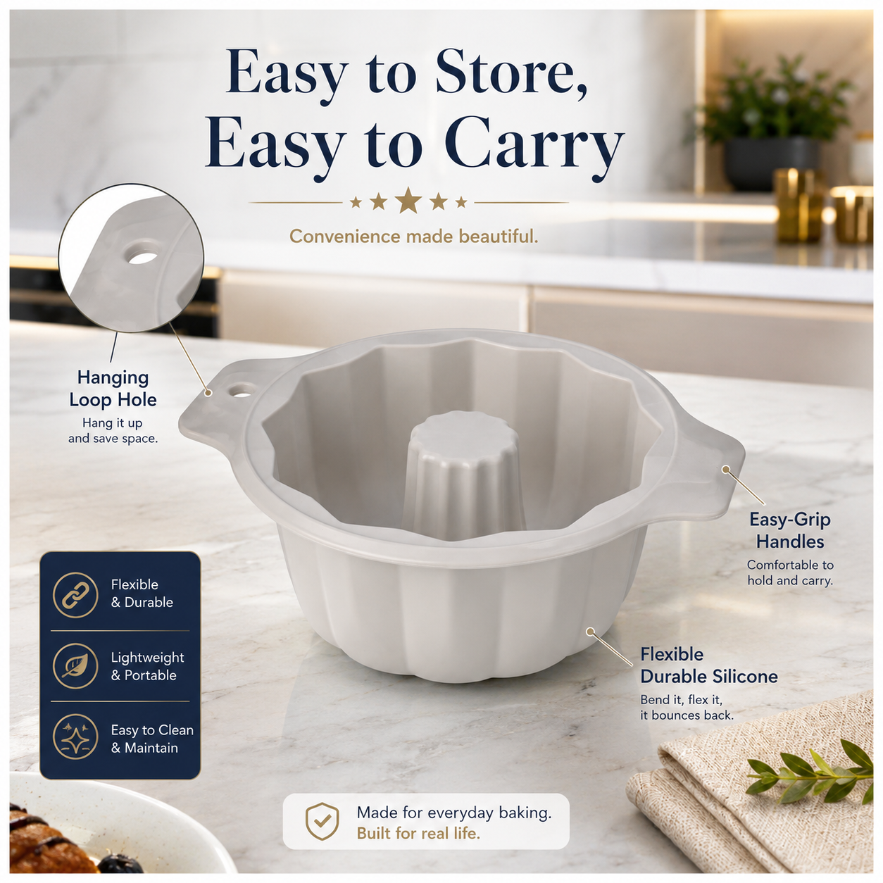 BPA Free Professional Silicone Cake Mould – Stone White Round Bundt Mould
