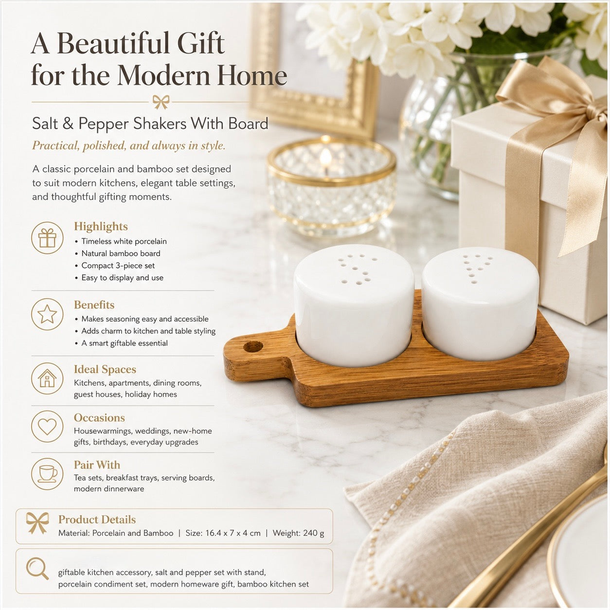 Classic Salt and Pepper Shakers with Bamboo Board – 3 Piece Porcelain Set