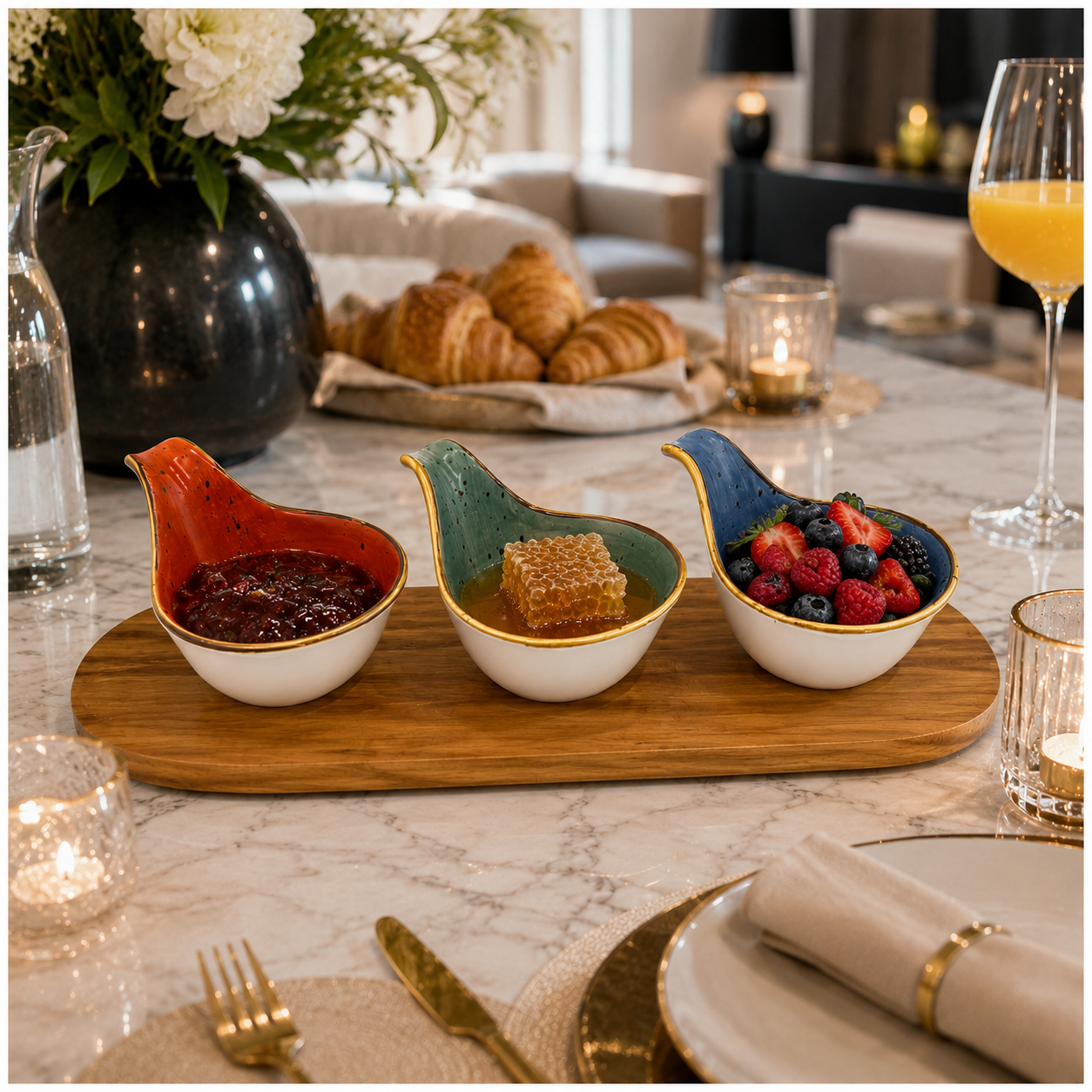 Beautiful 4-Piece Ceramic Snack Serving Bowl Set with Acacia Wood Board