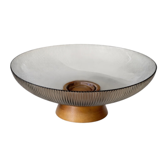 Luxury Ribbed Glass Serving Bowl with Wooden Base – 25cm Modern Fruit Bowl