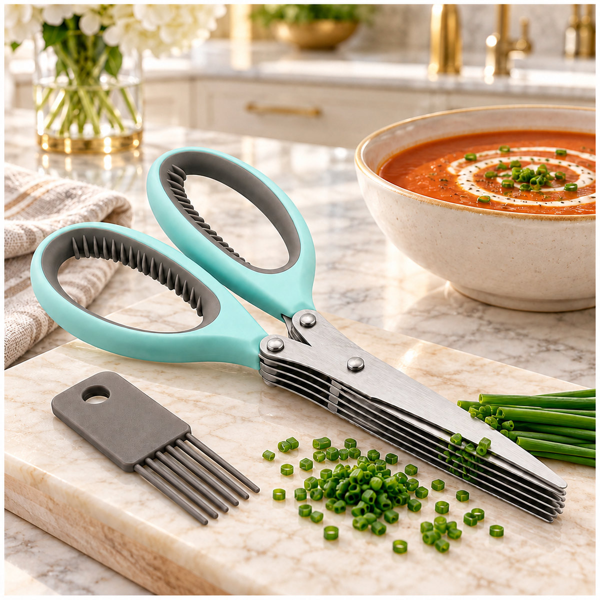 Multi-Blade Herb Scissors and Cleaning Comb Set-2 Piece ,Blue and Grey-20cm