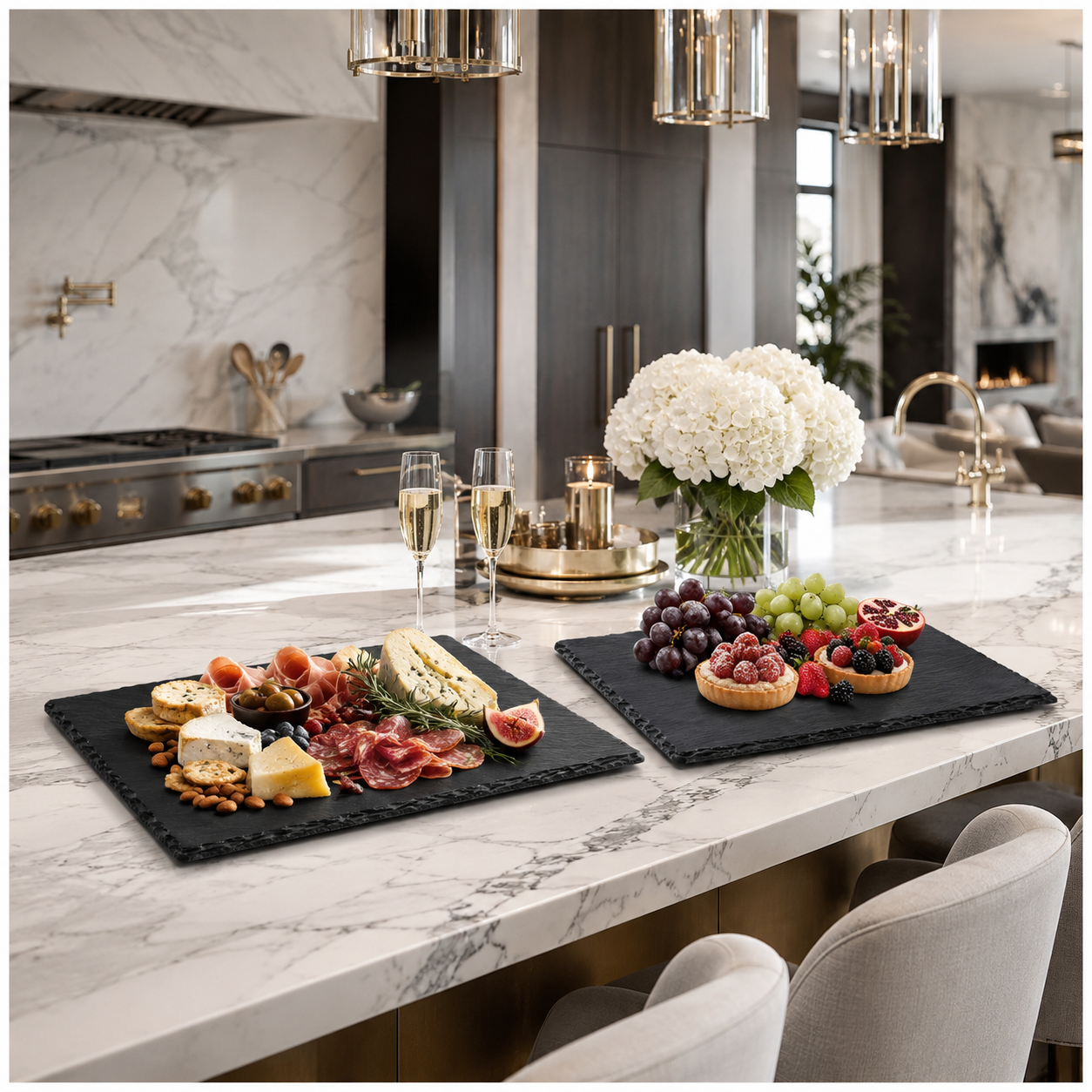 Elegant Two-Piece Natural Stone- Slate Serving Tray Set – 40 x 30cm