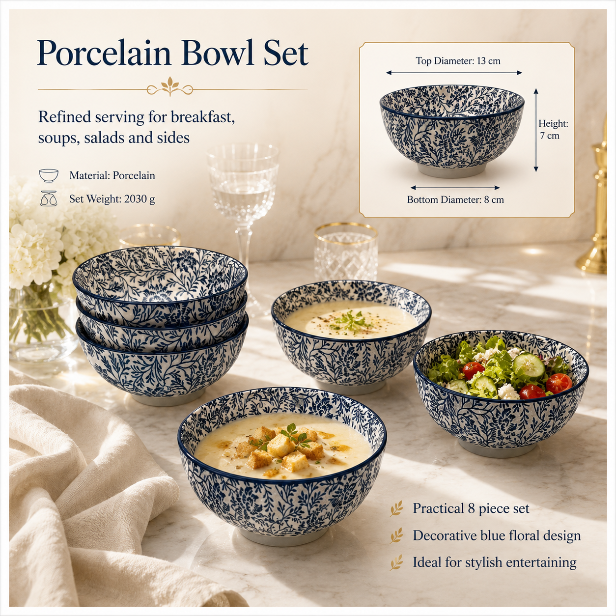 Elegant 8-Piece Blue Floral Porcelain Bowl Set – 13 cm