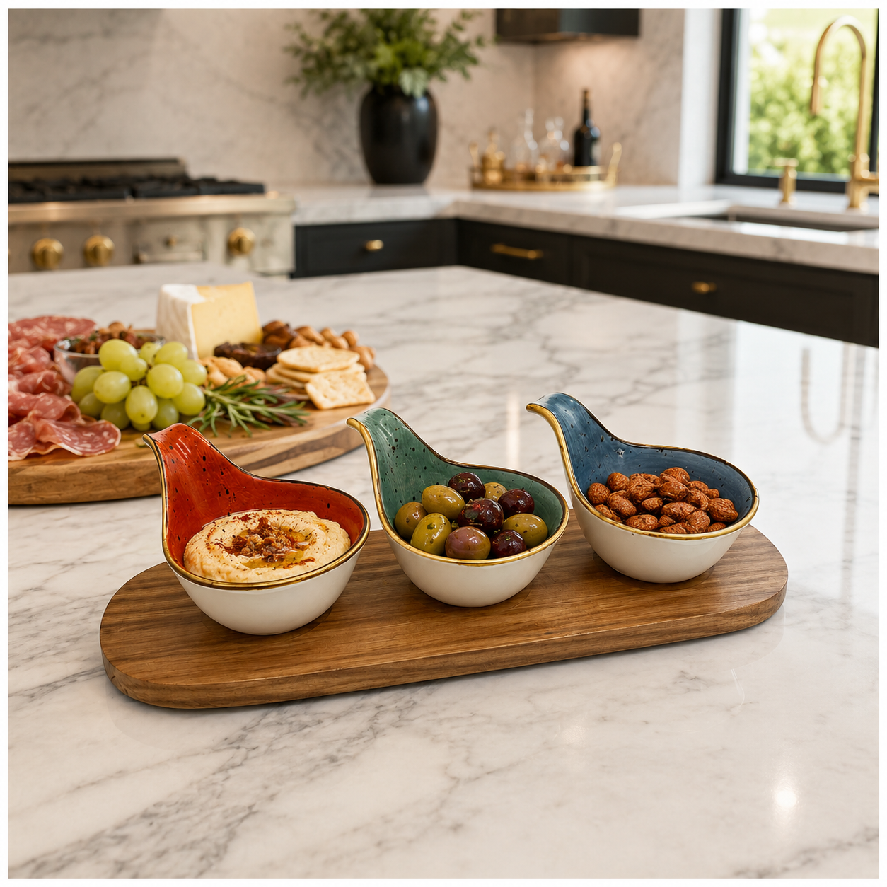 Beautiful 4-Piece Ceramic Snack Serving Bowl Set with Acacia Wood Board