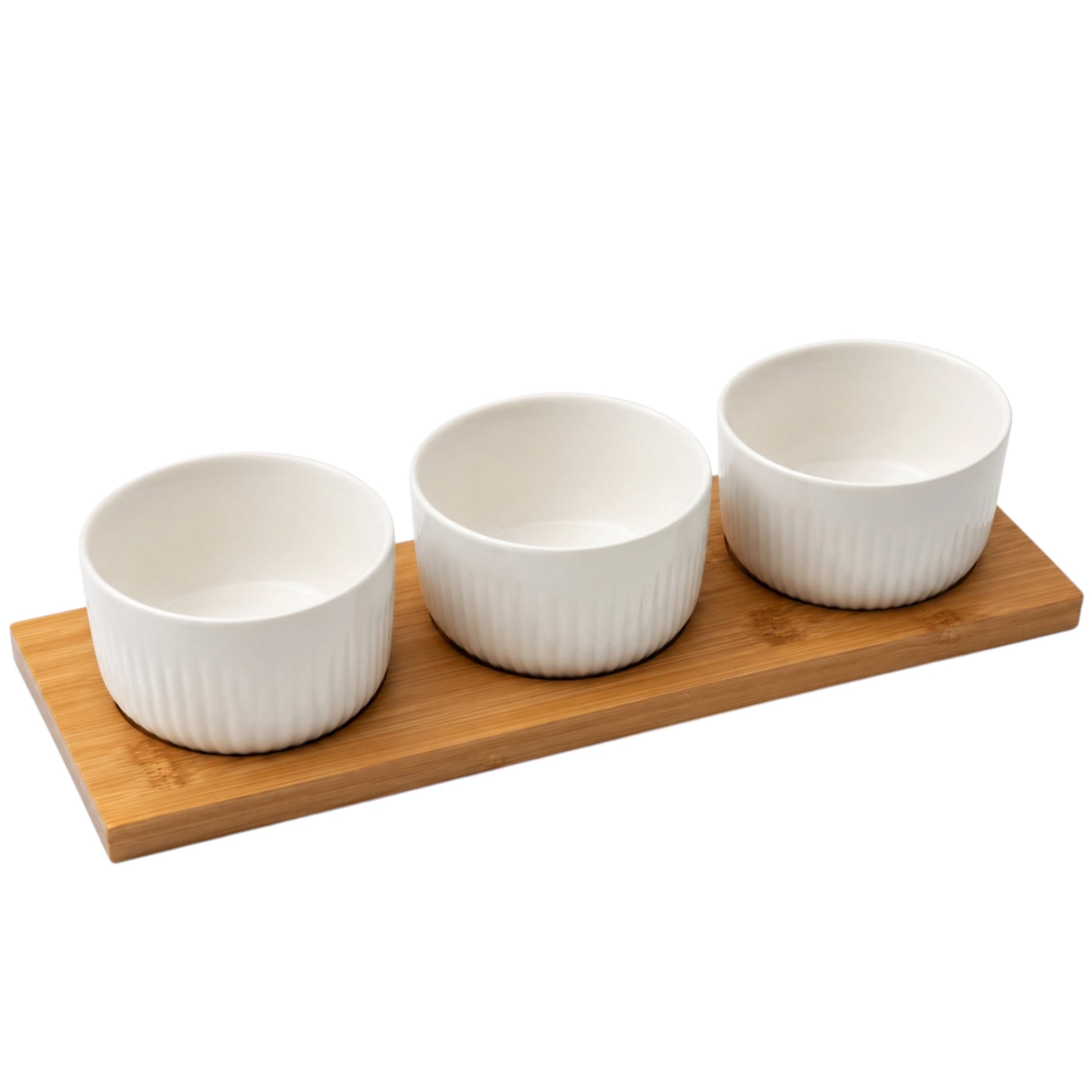 Three white ceramic bowls on a wooden tray with a white background