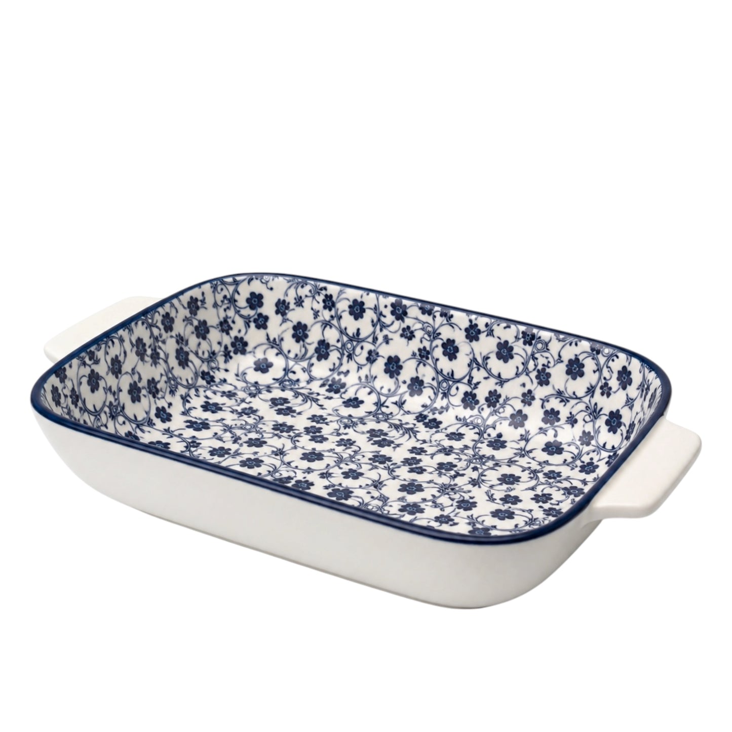 Rectangular ceramic baking dish with blue floral pattern on a white background