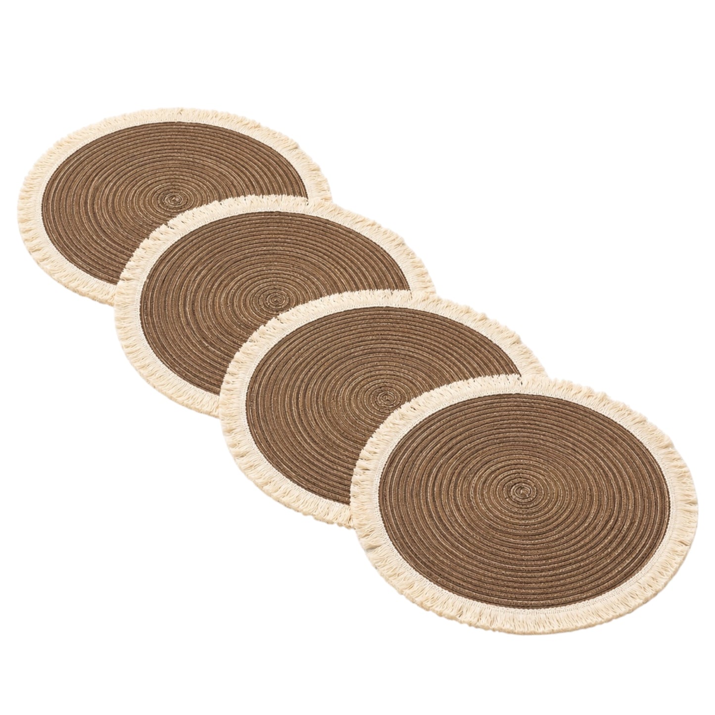 Four round woven placemats with fringed edges, arranged diagonally on a plain white background. Each placemat features a brown coiled pattern in the center and a natural beige fringed border.