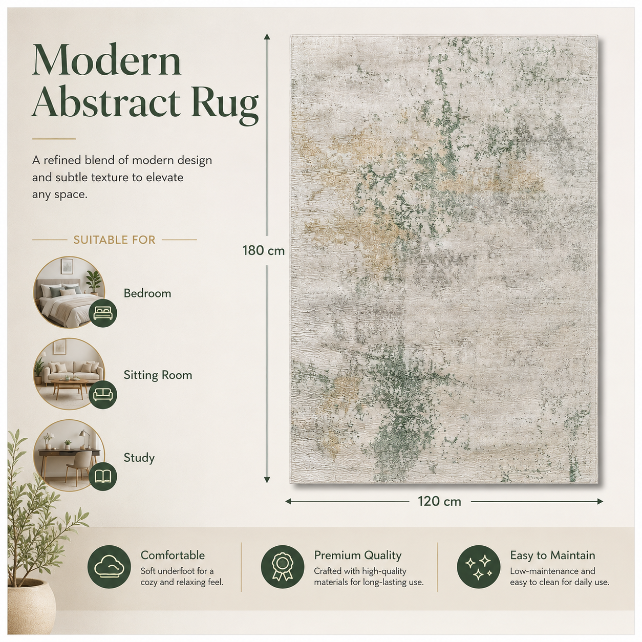 Modern Abstract Area Rug - 180cm x 120cm – Green, Cream Soft Accent Rug