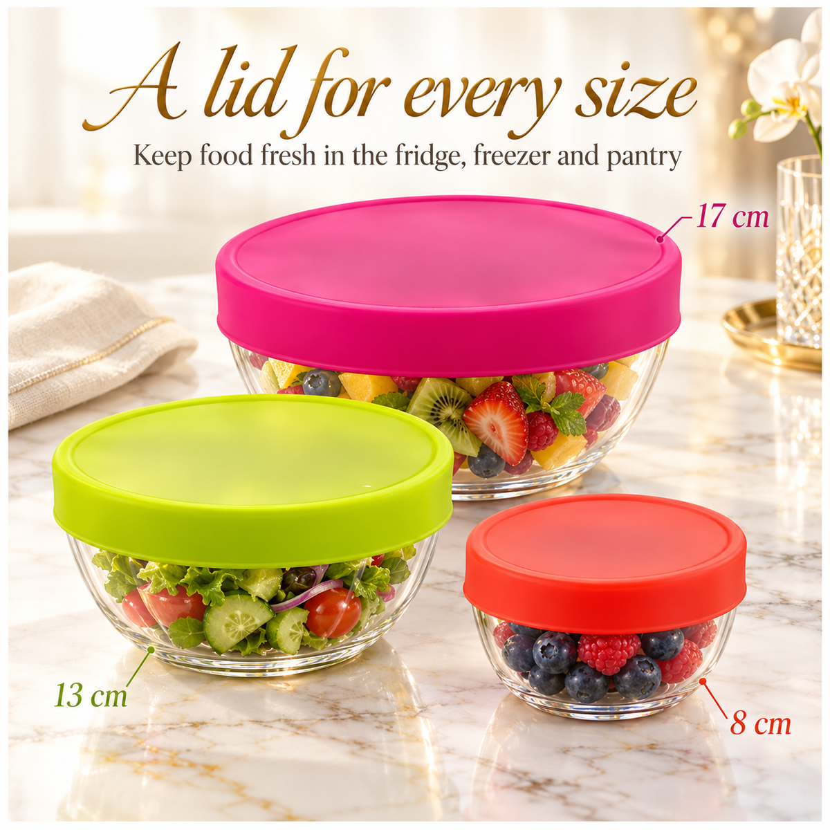 Flexible Silicone Stretch Lids 3-Piece Set | Airtight Food Covers, 8–17 cm