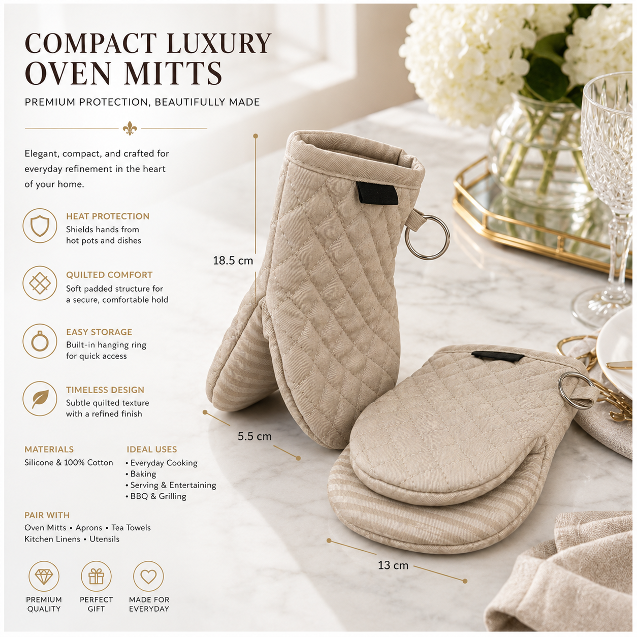 Quilted Compact Oven Mitt Set with Silicone Grip - Olive Brown