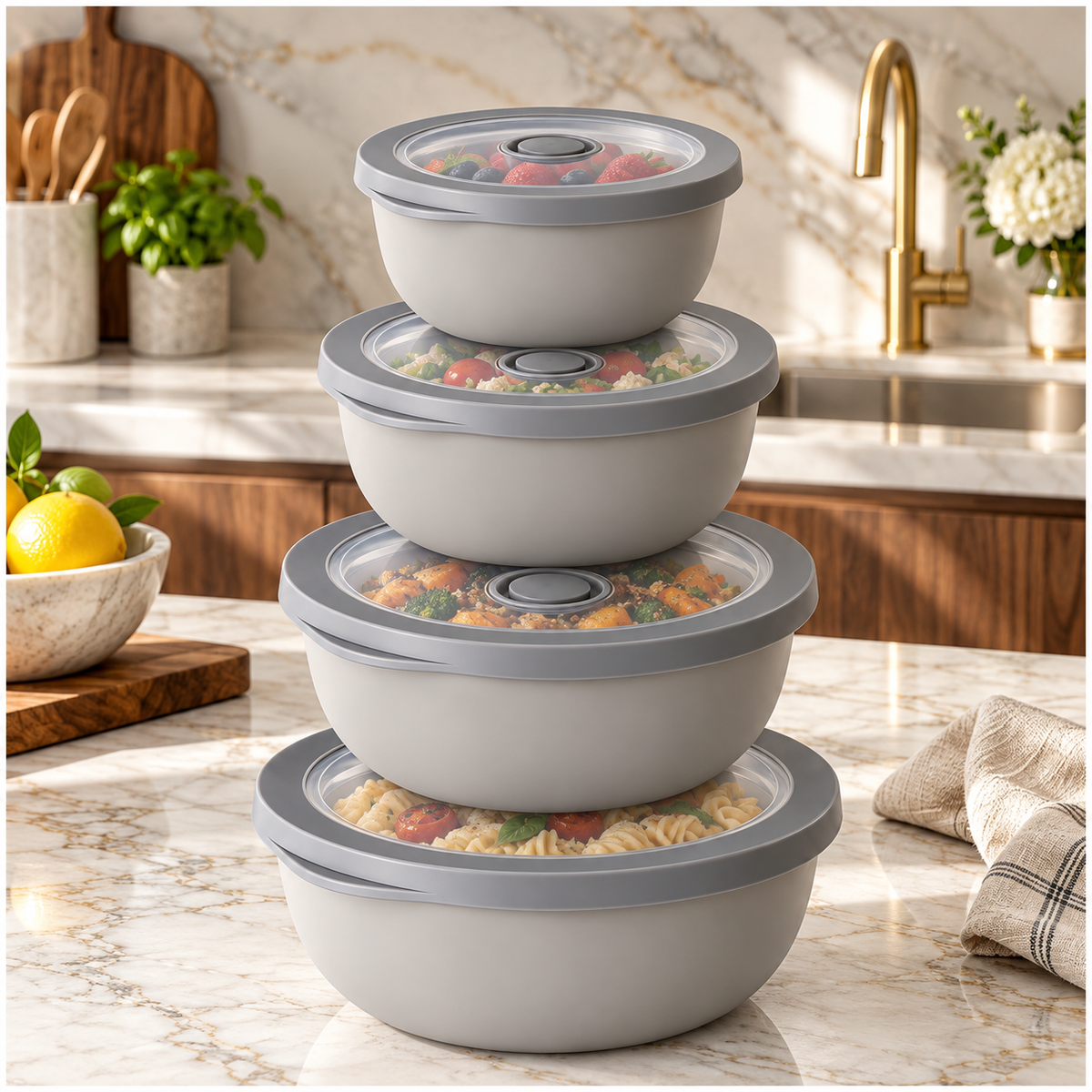 Airtight Round Food Storage Container Set of 4 – Grey, Clear Lids, BPA-Free