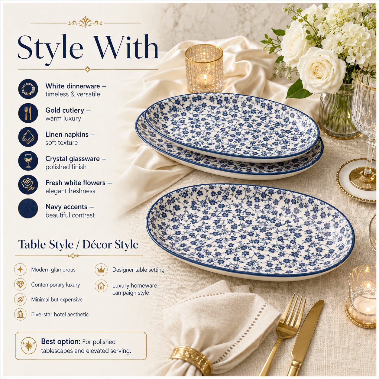 Elegant Blue and White Ceramic Serving Platter Set – Set of 3 - 30 cm