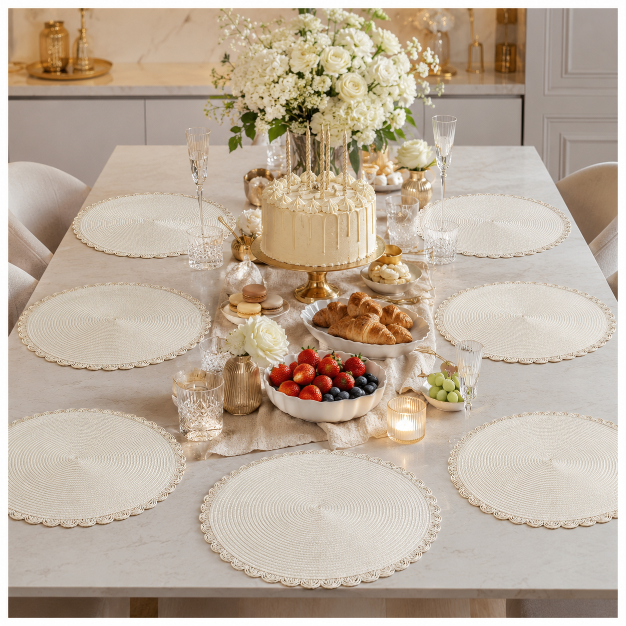 6-Piece Round Woven Straw Placemats with Scalloped Edge – 38cm