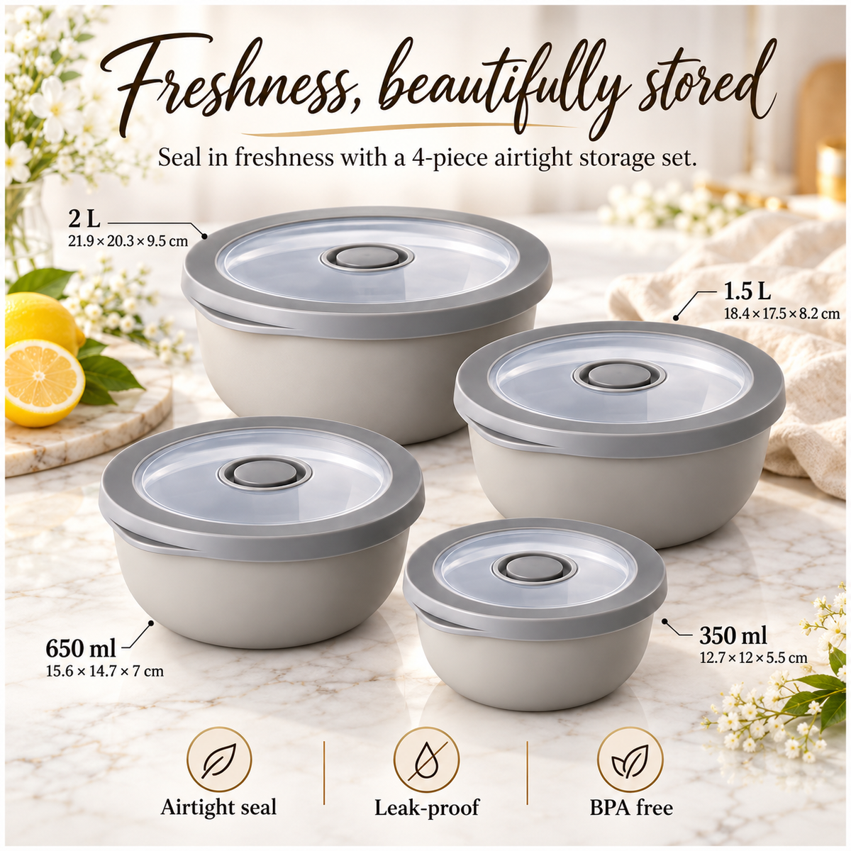 Airtight Round Food Storage Container Set of 4 – Grey, Clear Lids, BPA-Free