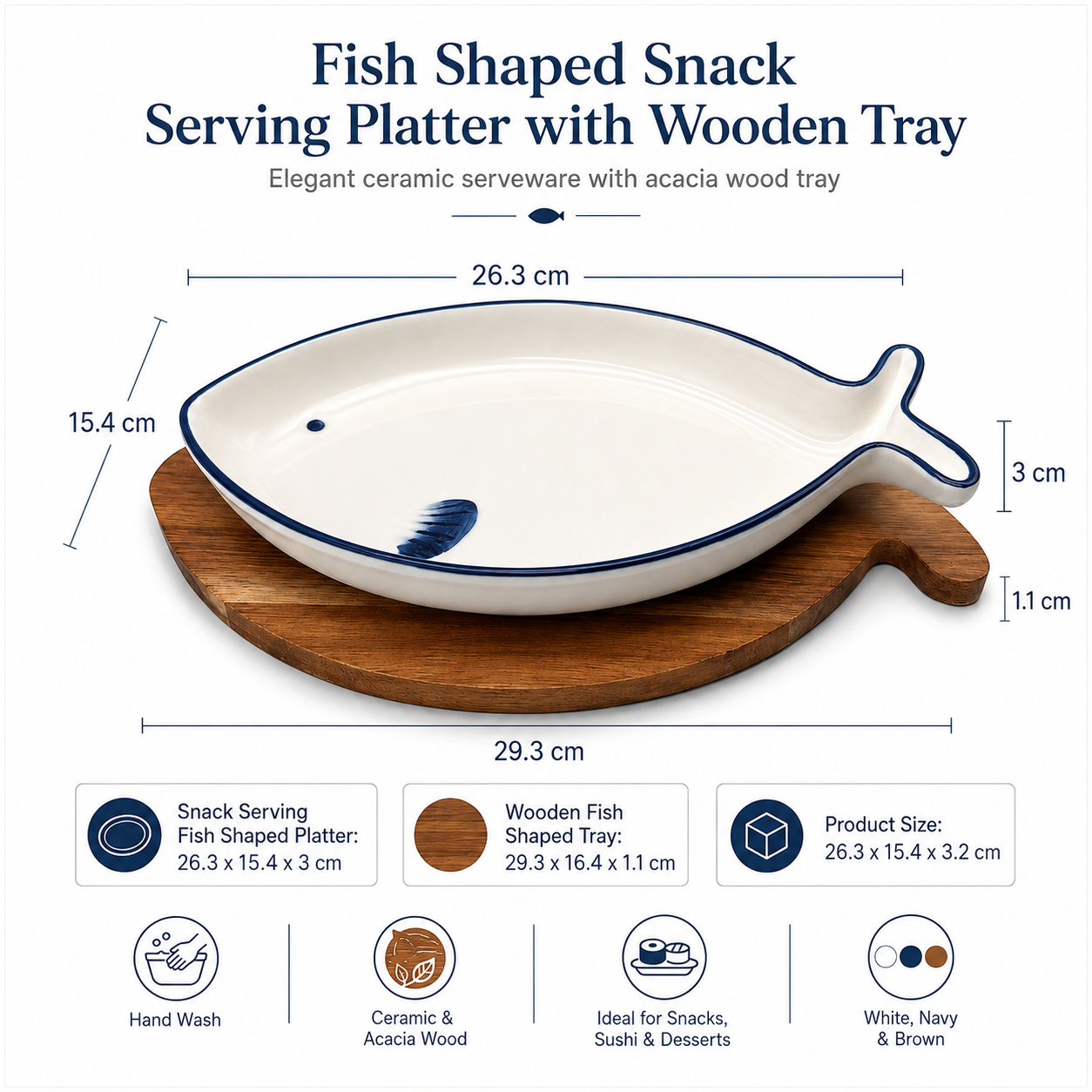 Fish Shaped Snack Serving Platter with Wooden Tray – Ceramic & Acacia Wood Serveware Set