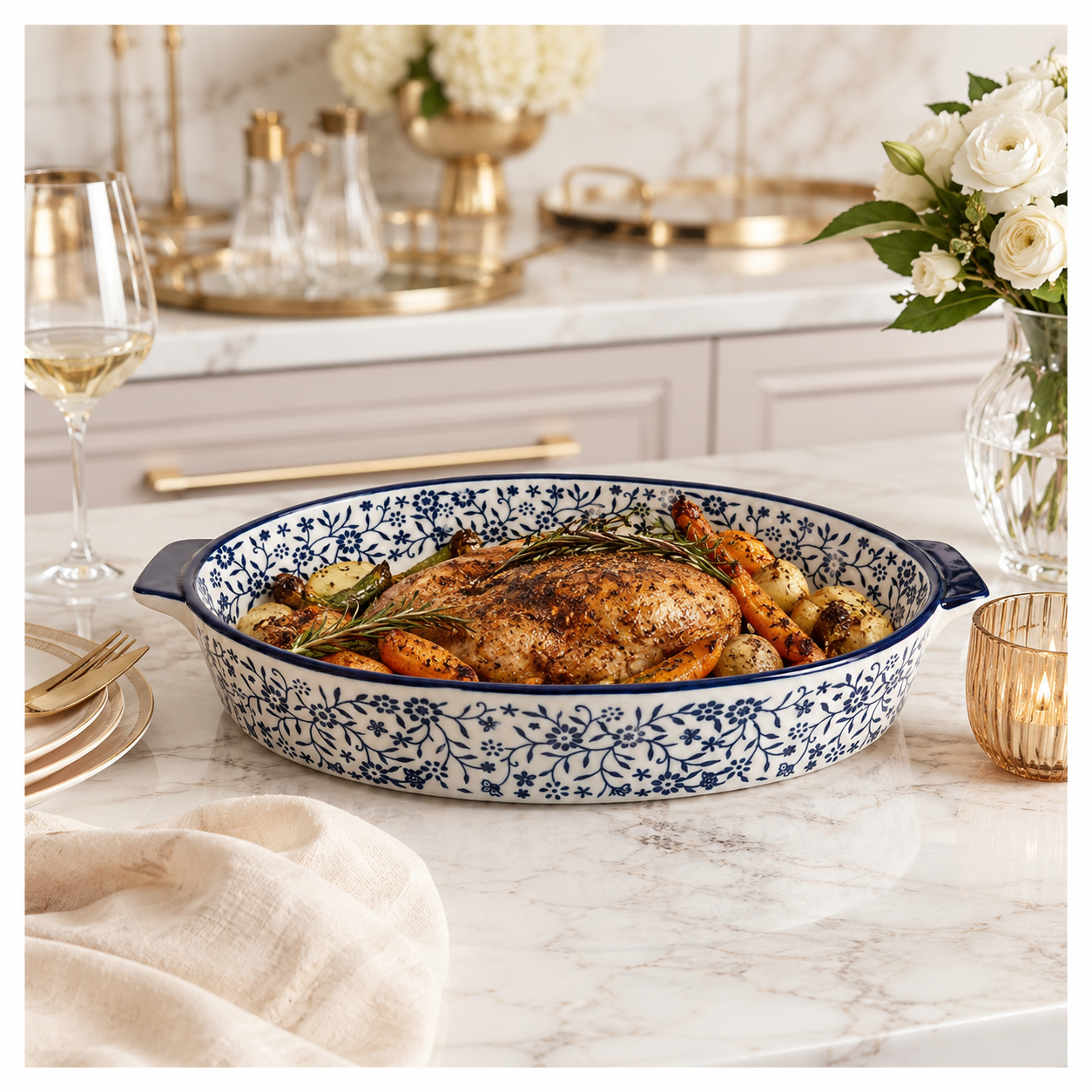 33cm Blue Floral Porcelain Oval Baking Dish with Handles