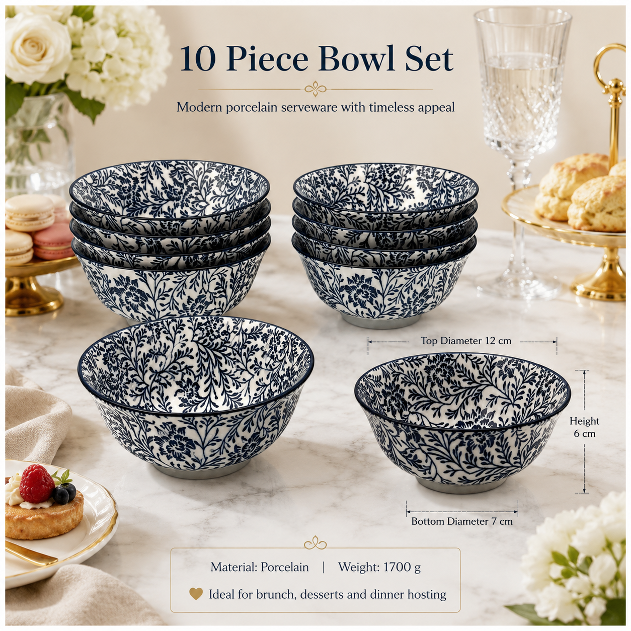 Elegant 10-Piece Blue White Porcelain Bowl Set - Beautiful Floral Serveware
