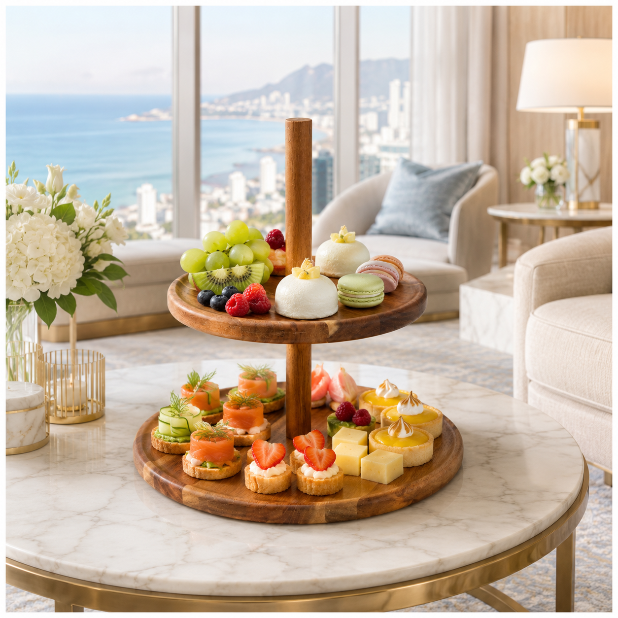 Natural Acacia 2-Tier Round Serving Platter - Wooden Display Stand - 28cm