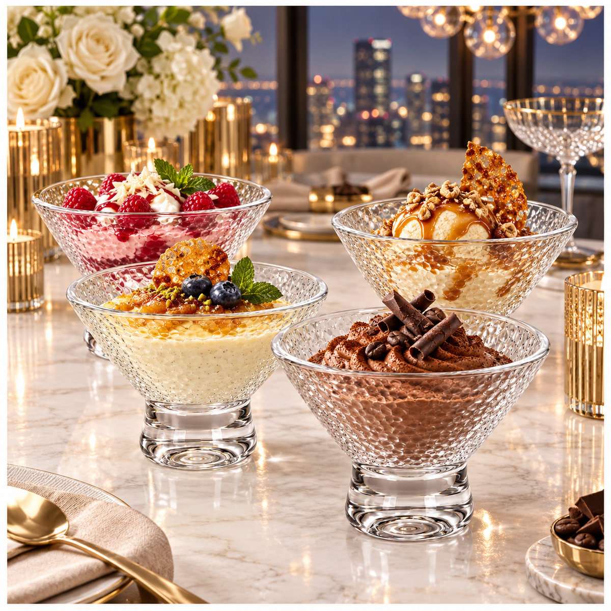 Elegant Glass Footed Dessert Bowls 180ml – Clear Textured Set of 4