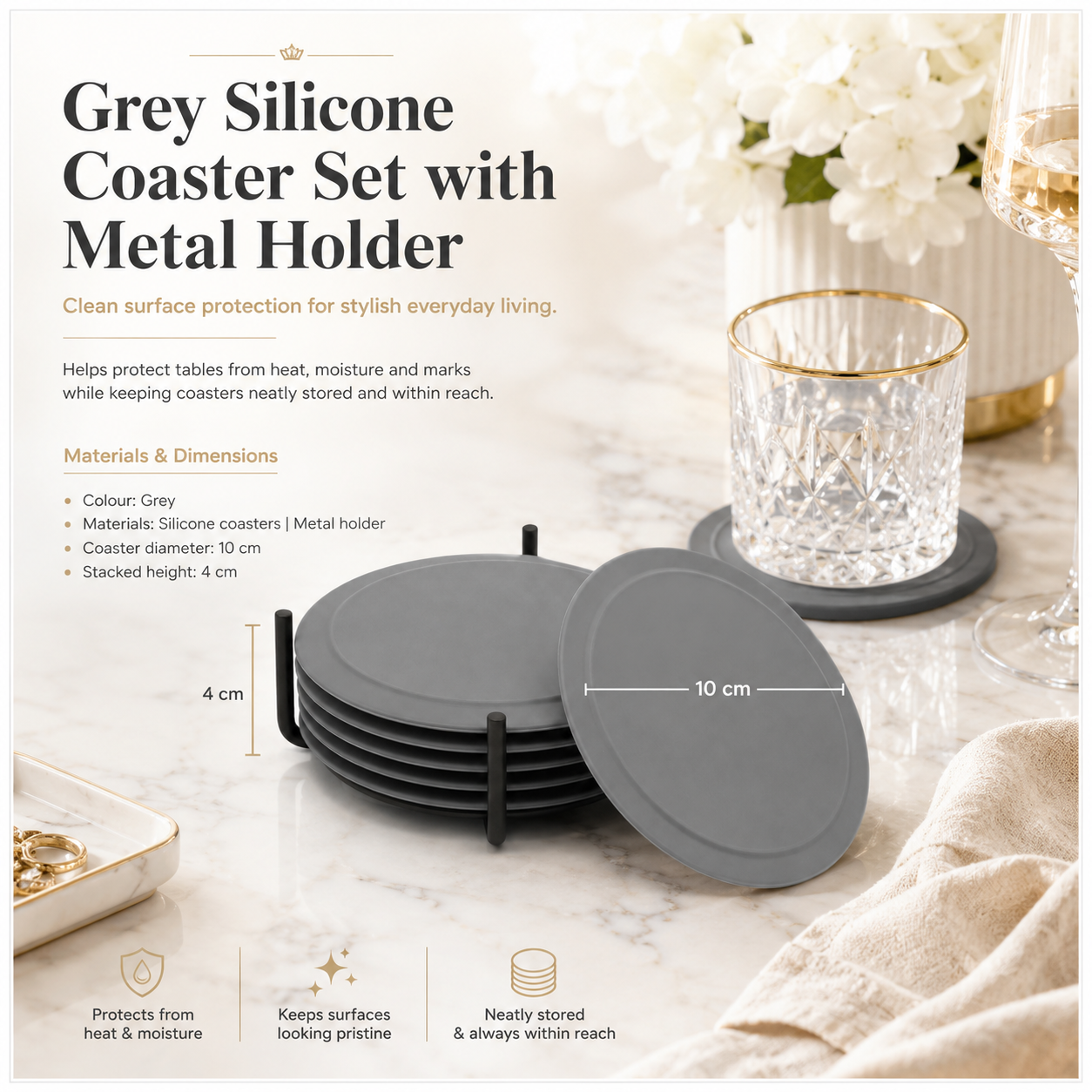 Grey Silicone Drink Coaster Set with Space - 6 Piece Set With Metal Holder