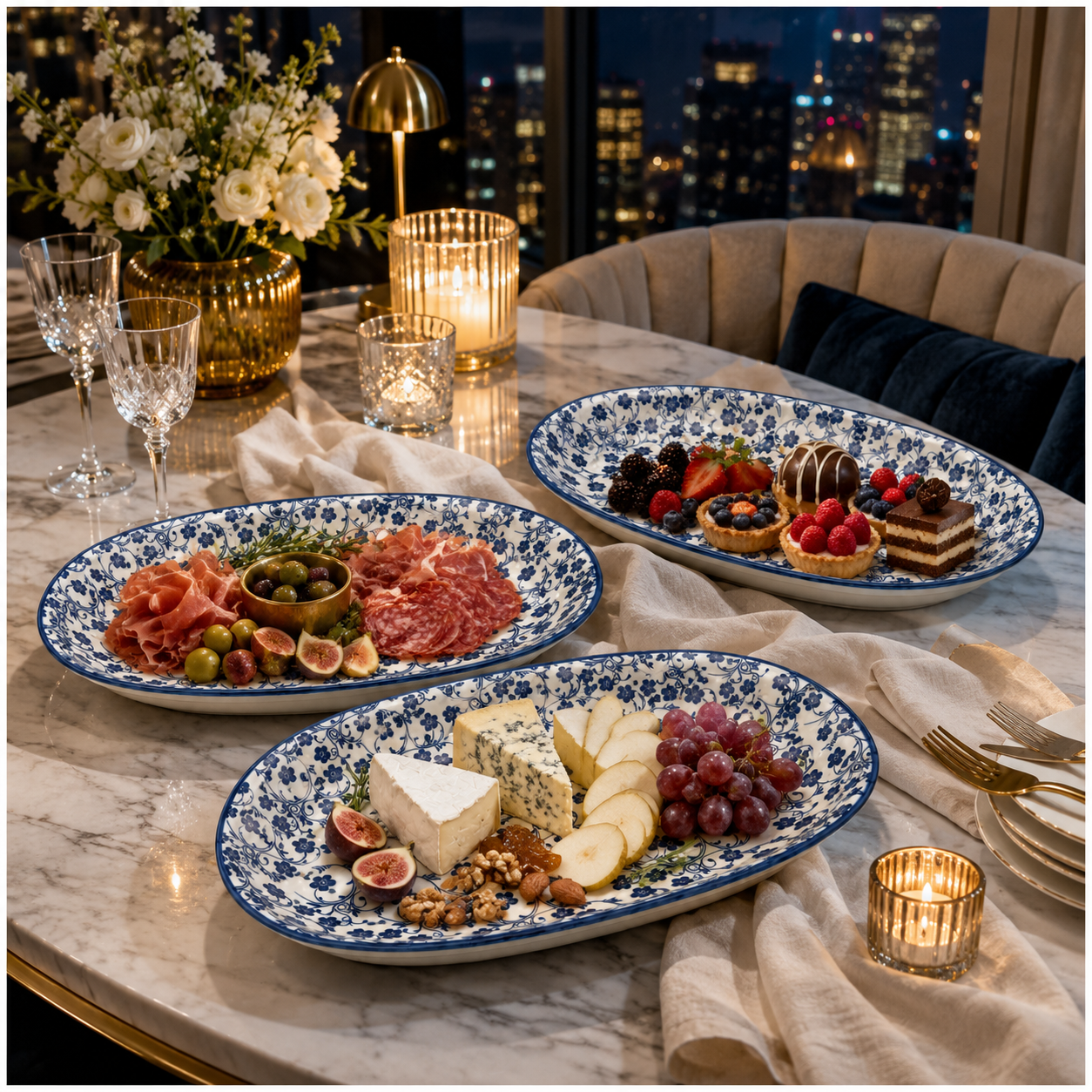 Elegant Blue and White Ceramic Serving Platter Set – Set of 3 - 30 cm