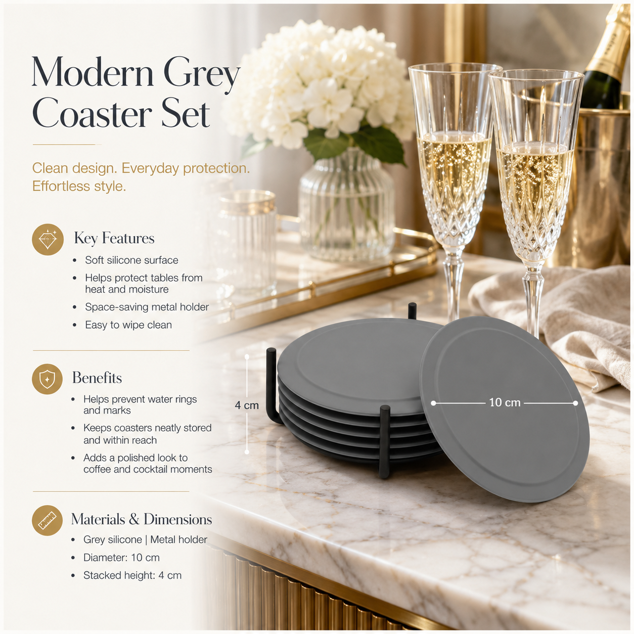 Grey Silicone Drink Coaster Set with Space - 6 Piece Set With Metal Holder