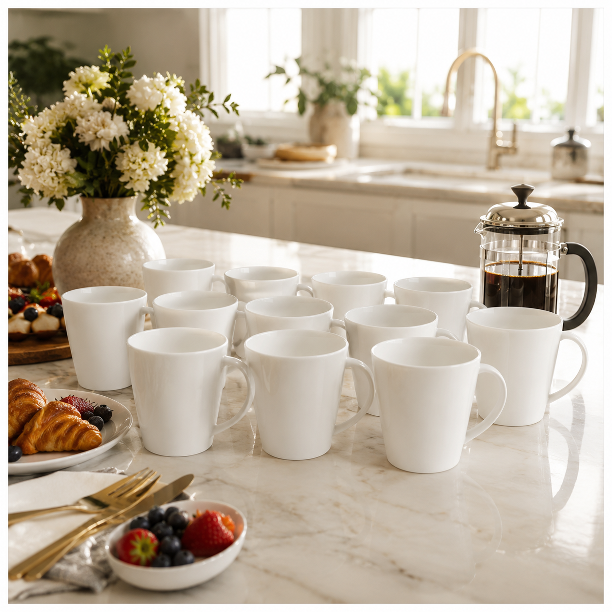 Essential 12-Piece White Fine Porcelain Coffee and Tea Mug Set