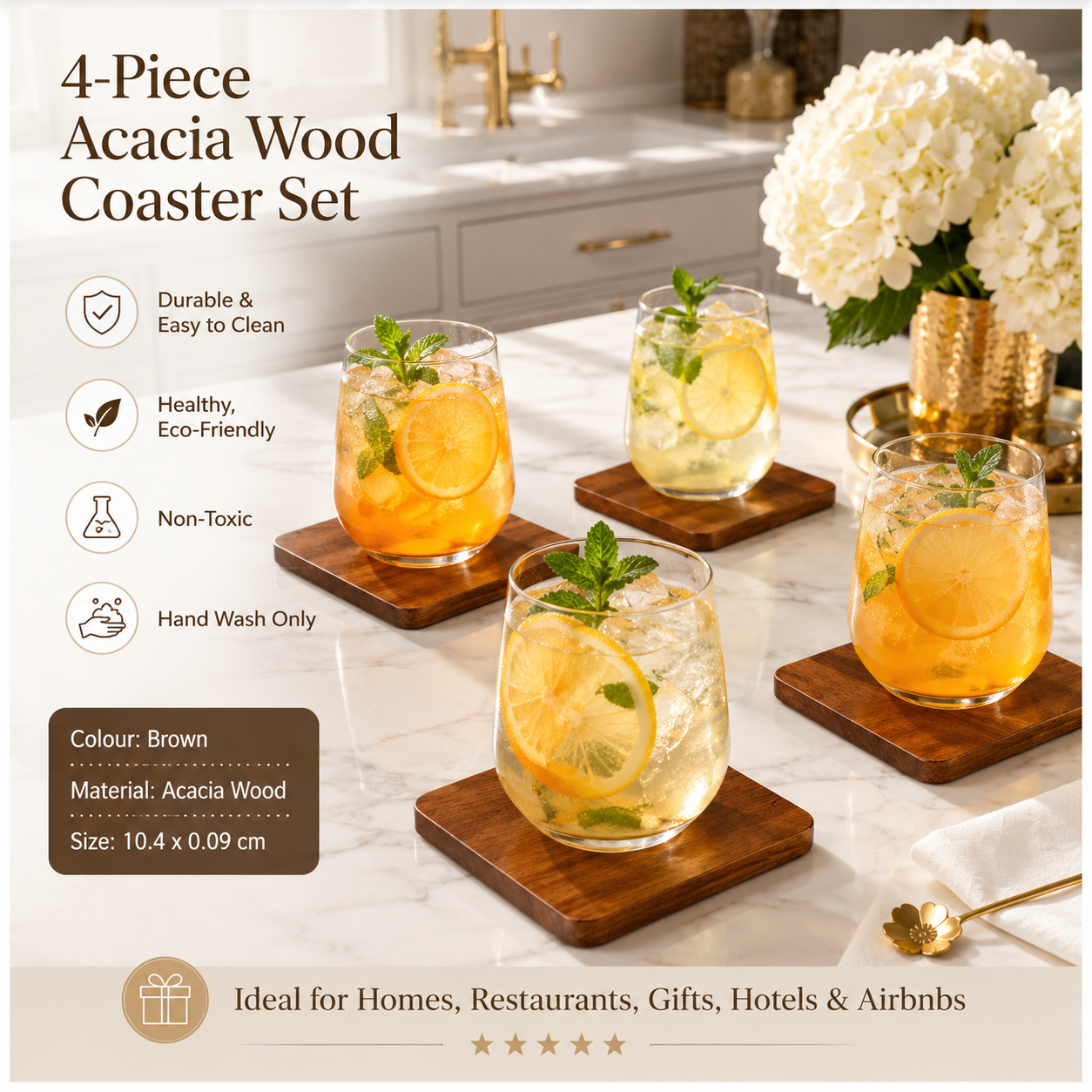 4-Piece Acacia Wood Coaster Set – Brown Wooden Drink Coasters- Eco Friend