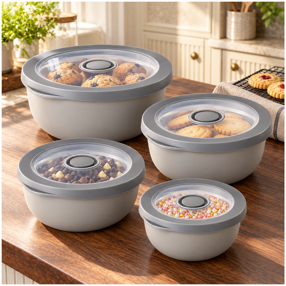 Airtight Round Food Storage Container Set of 4 – Grey, Clear Lids, BPA-Free