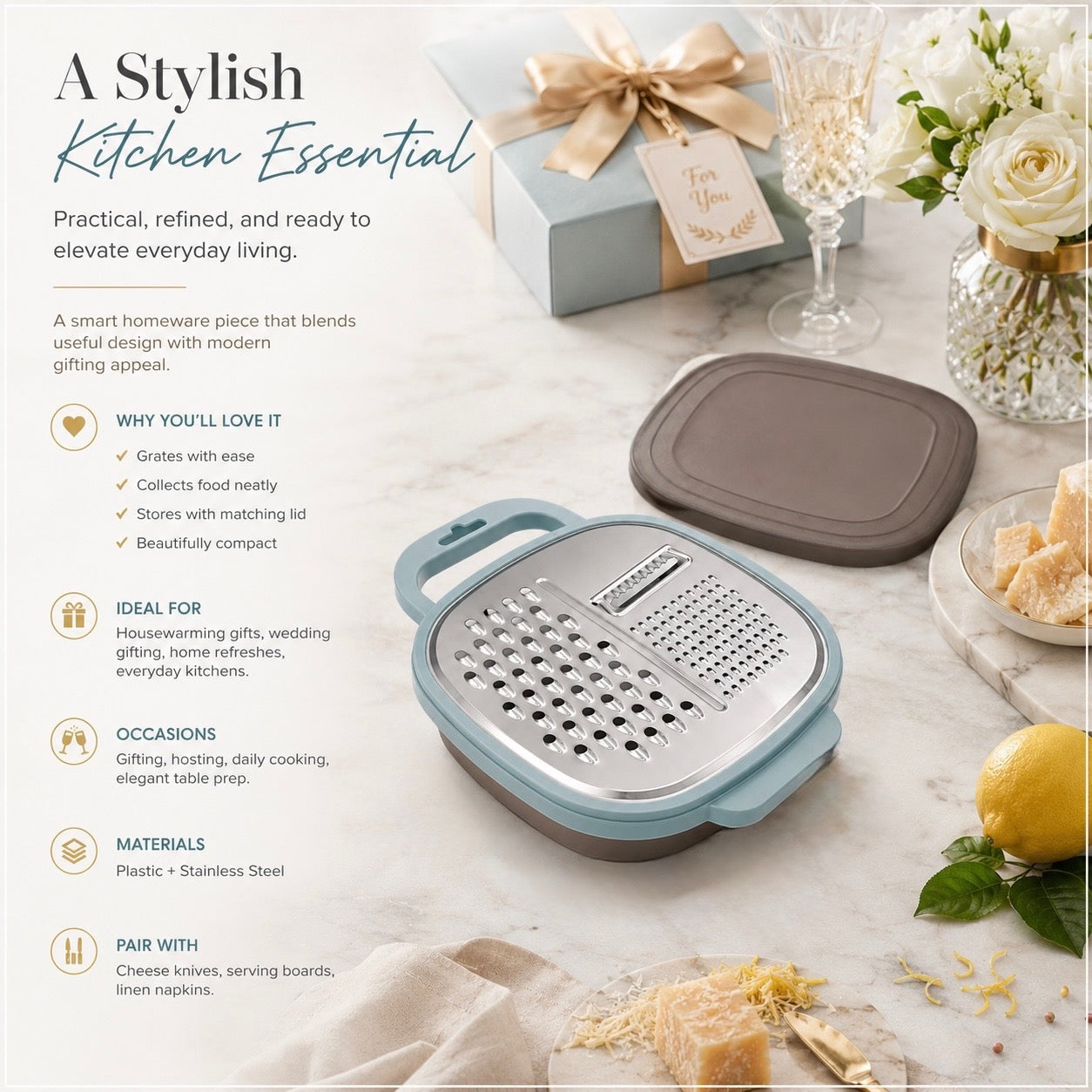 Essential 2-in-1 Stainless Steel Box Grater with Storage Container and Lid