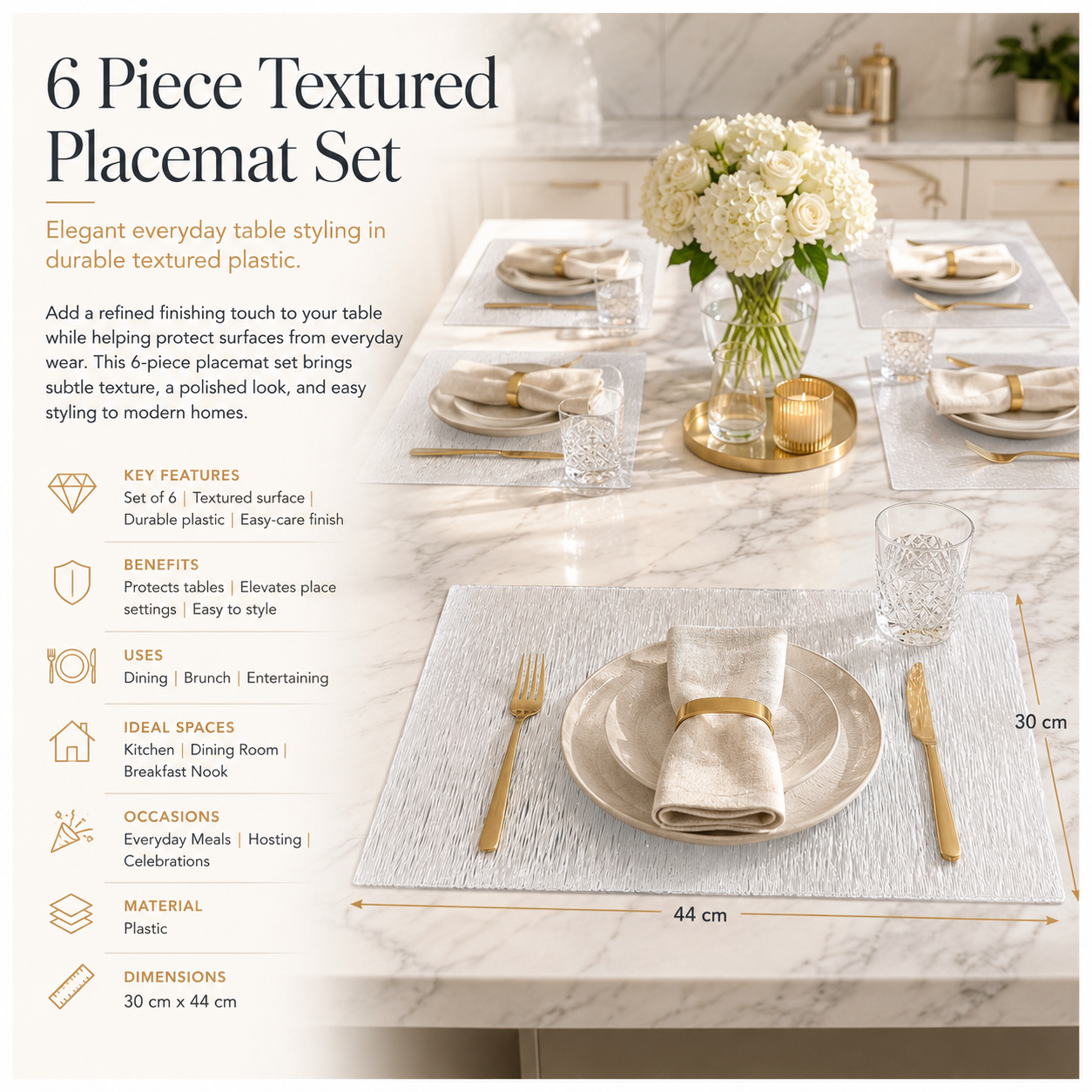 Elegant 6 Piece Textured Placemats – Clear And White 30 x 44 cm Table Mats