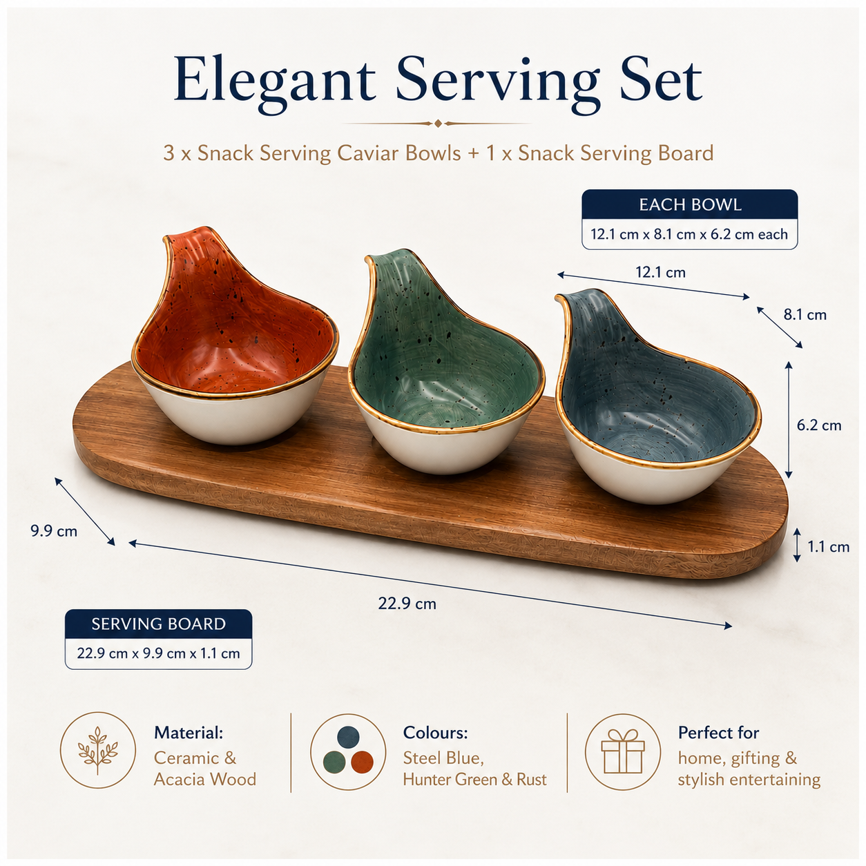 Elegant 3-Piece Ceramic Snack Bowl Set with Acacia Wood Serving Board