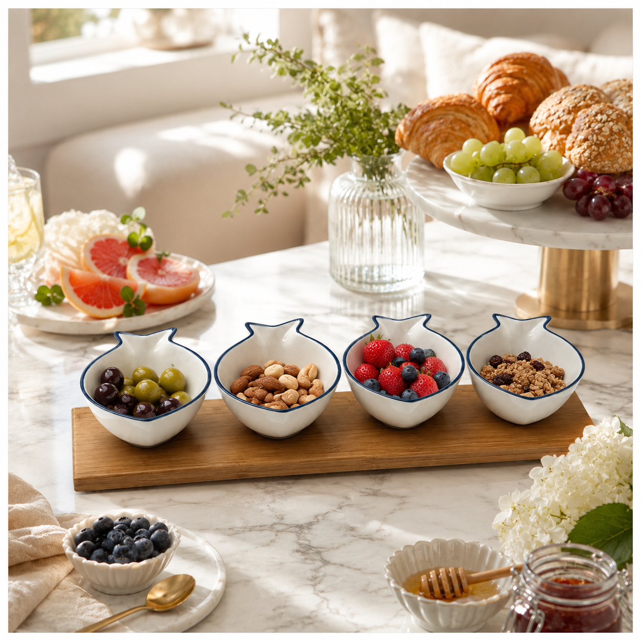 Ceramic Fish Shaped Snack Serving Bowl Set with Acacia Wooden Tray -5 Piece