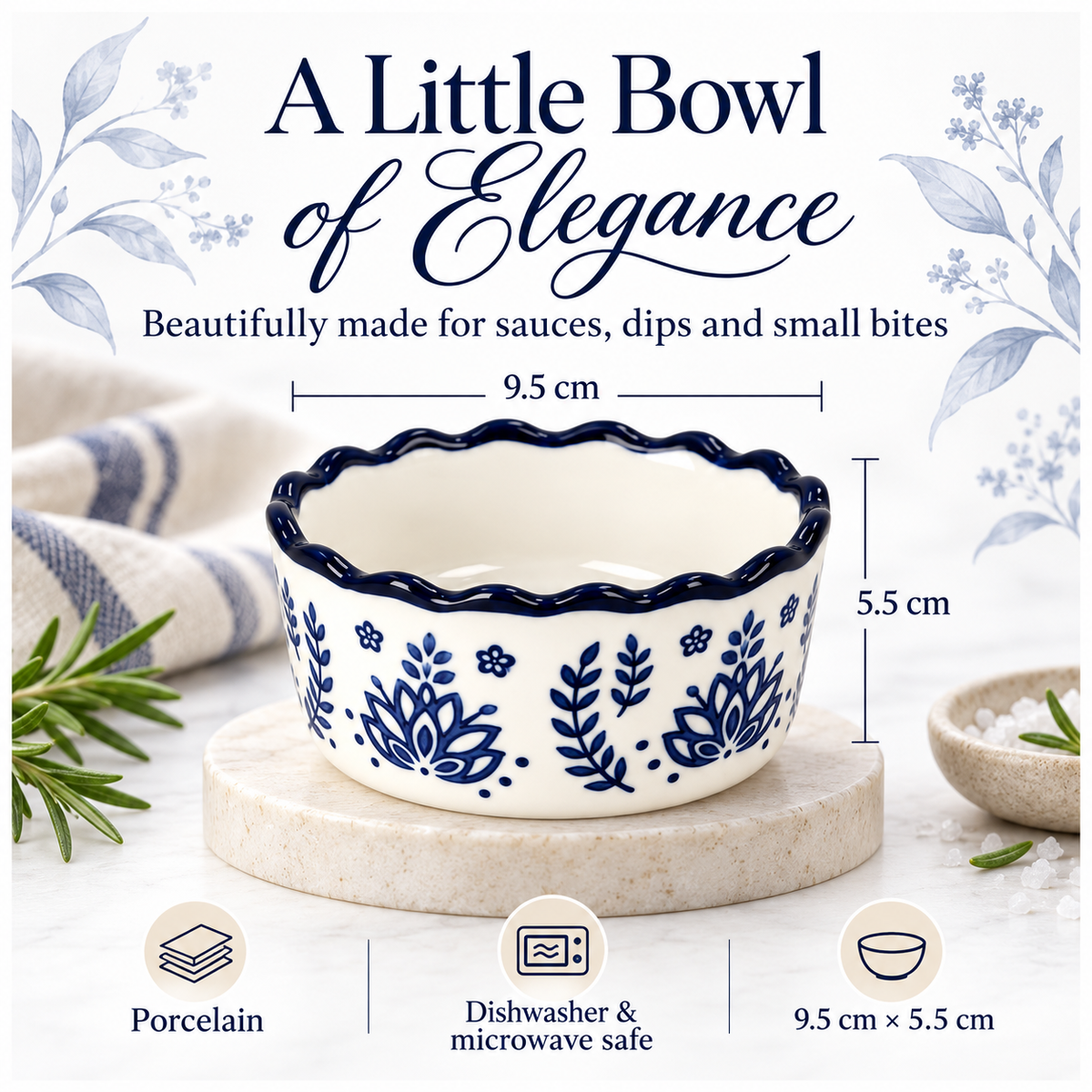 Elegant Navy Botanical Porcelain Sauce Bowls – Set of 4 Floral Bowls