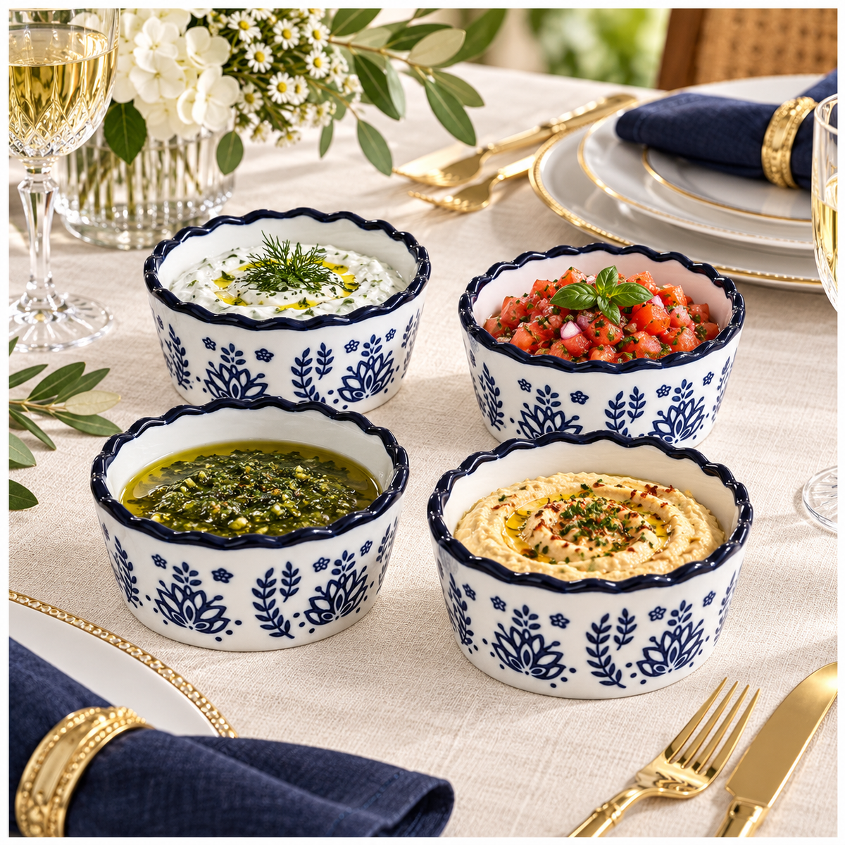 Elegant Navy Botanical Porcelain Sauce Bowls – Set of 4 Floral Bowls