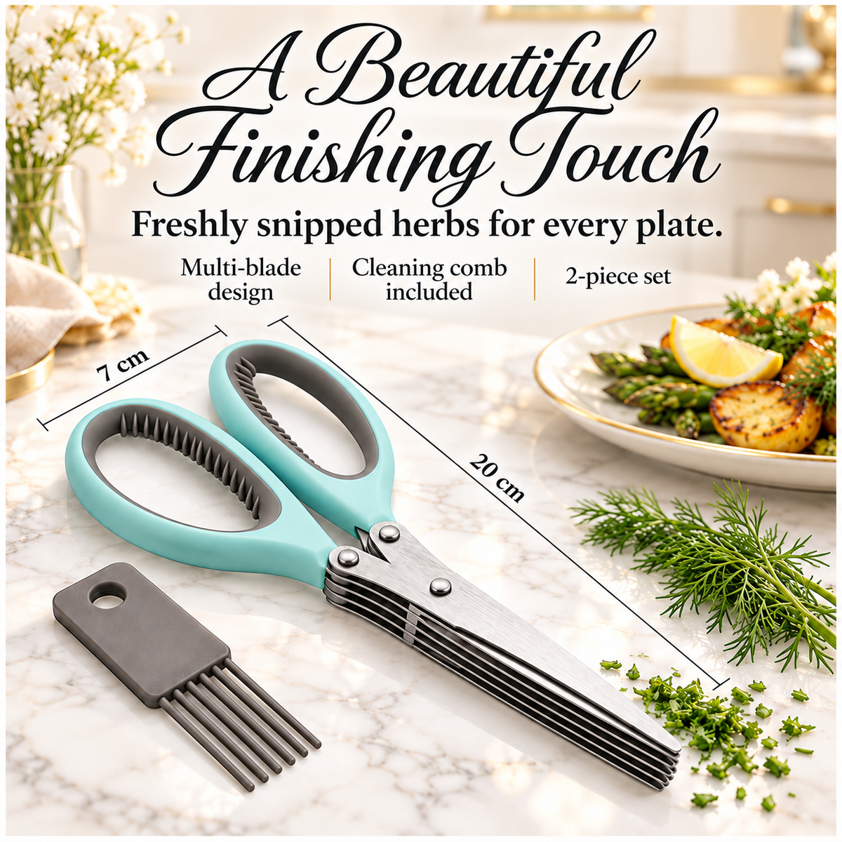 Multi-Blade Herb Scissors and Cleaning Comb Set-2 Piece ,Blue and Grey-20cm
