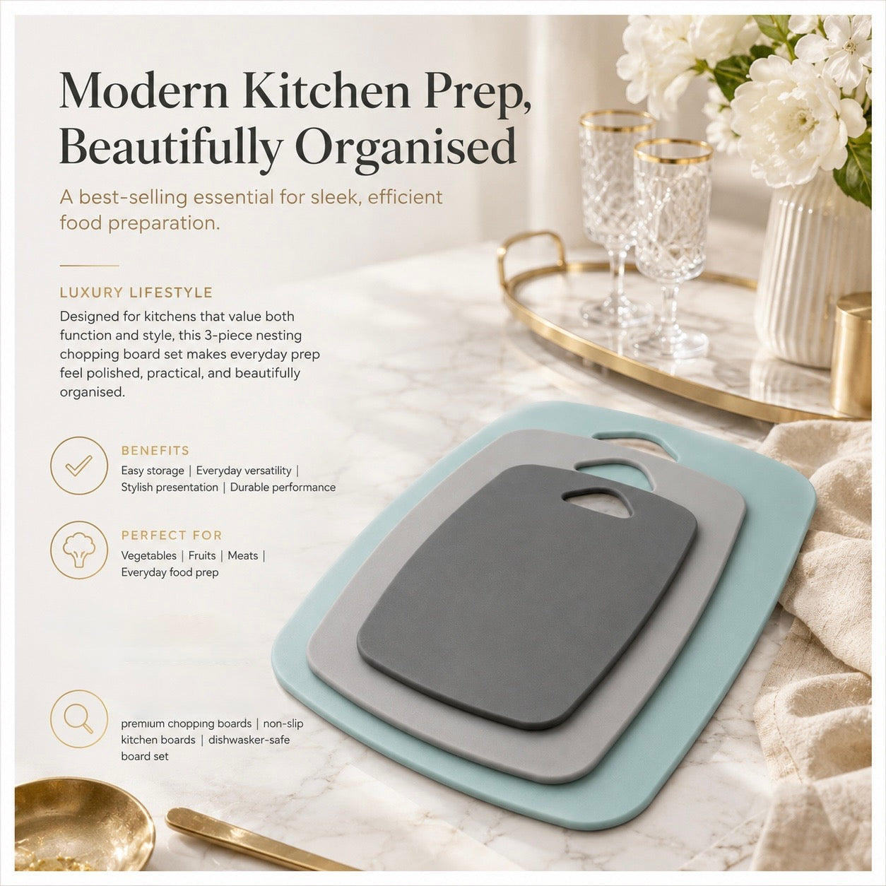 3-Piece Nesting Chopping Board Set – Food-Safe - Non-Slip - Dishwasher Safe