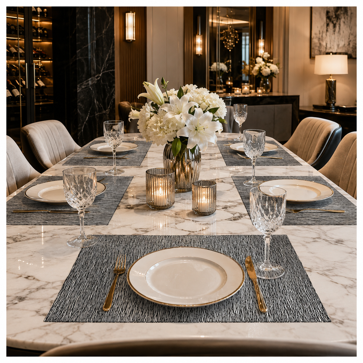 6-Piece Reversible Black Textured Waterproof Placemats – Dining Table Mats