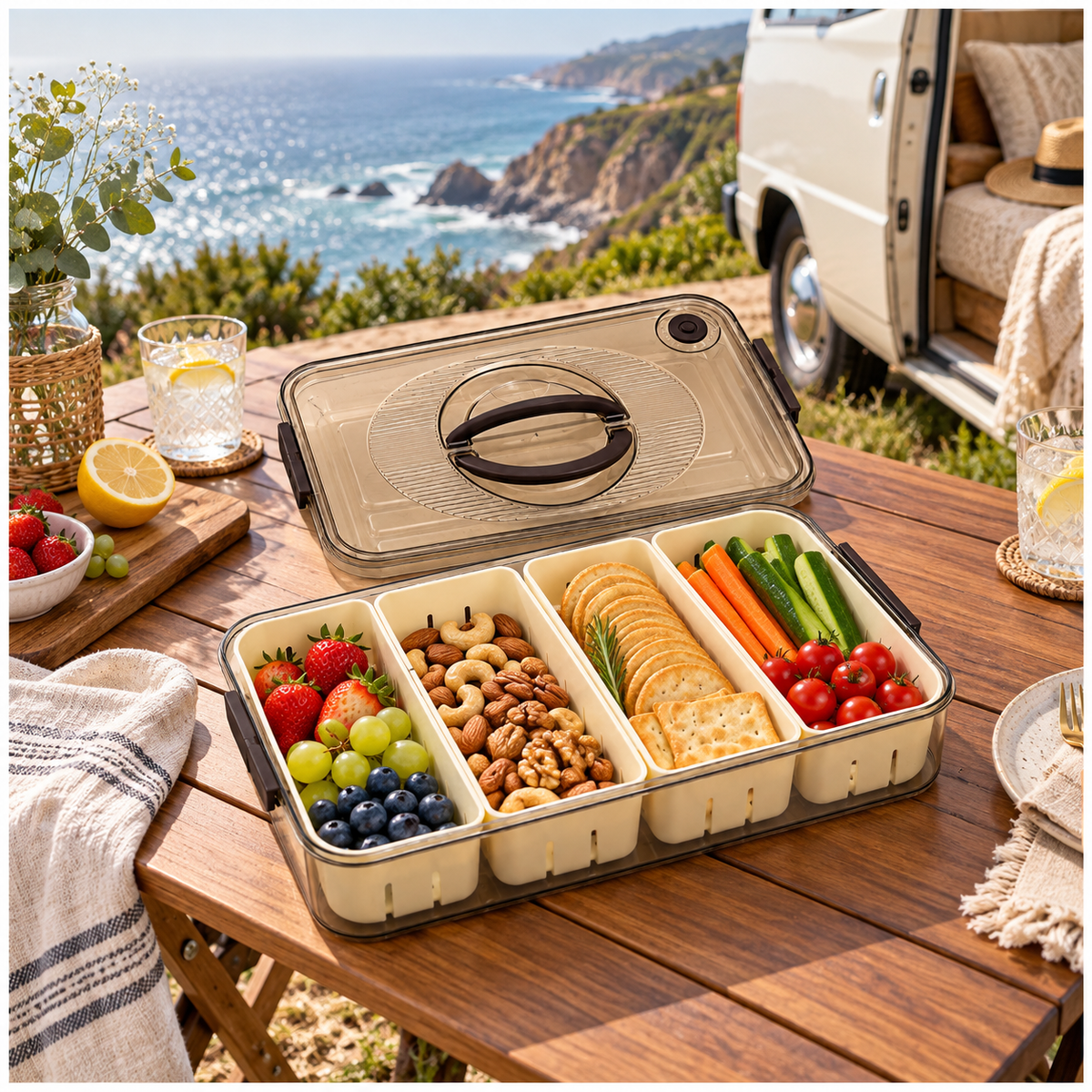 Portable 4-Compartment Snack Platter for Home, Picnics, Parties and Travel
