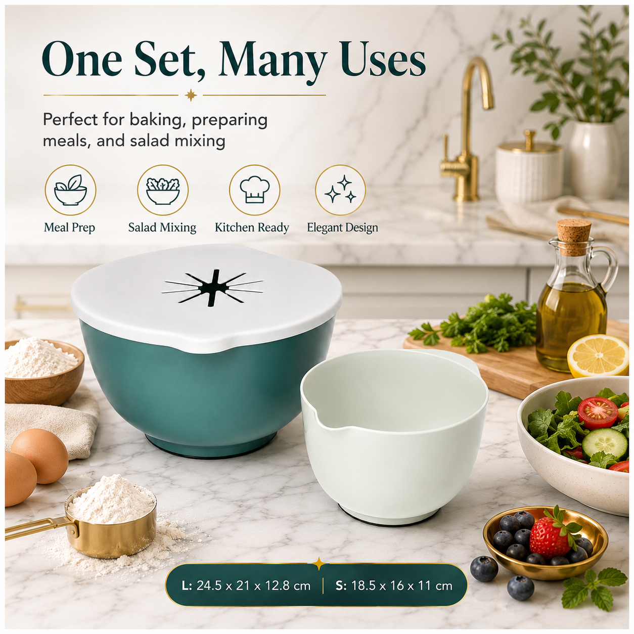 Essential 3 Piece Mixing Bowl Set with Lid – 2 Sizes- Baking Prep BowlS