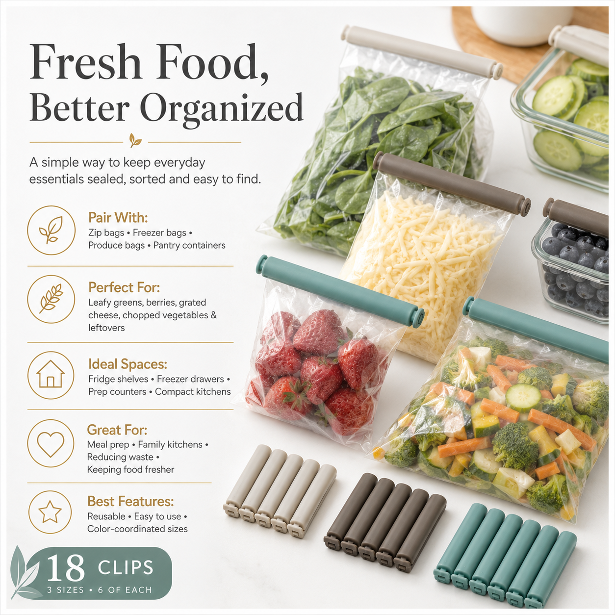 18-Piece Food Sealing Clip Set – 3 Sizes, Reusable Bag Clips for Preserving