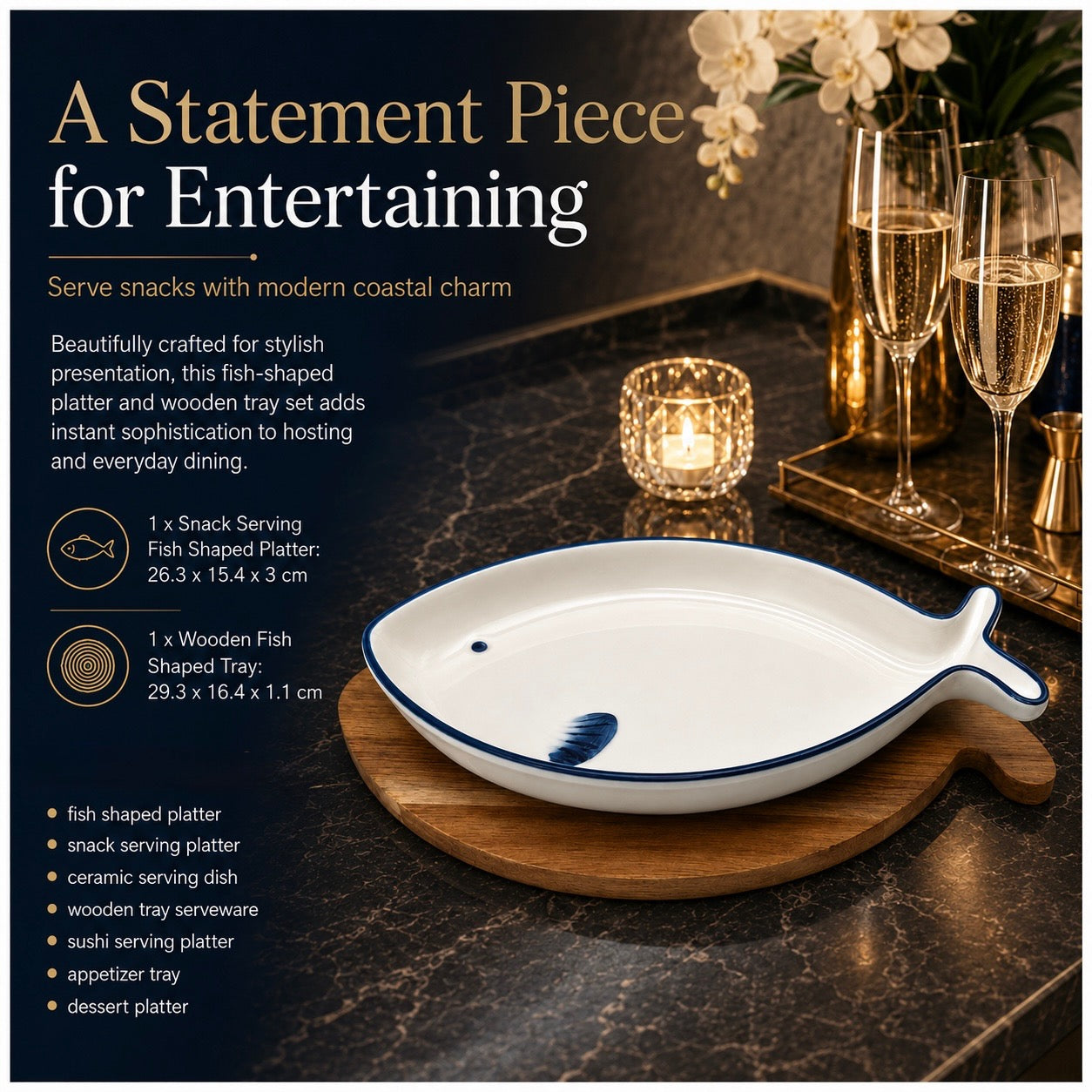Fish Shaped Snack Serving Platter with Wooden Tray – Ceramic & Acacia Wood Serveware Set